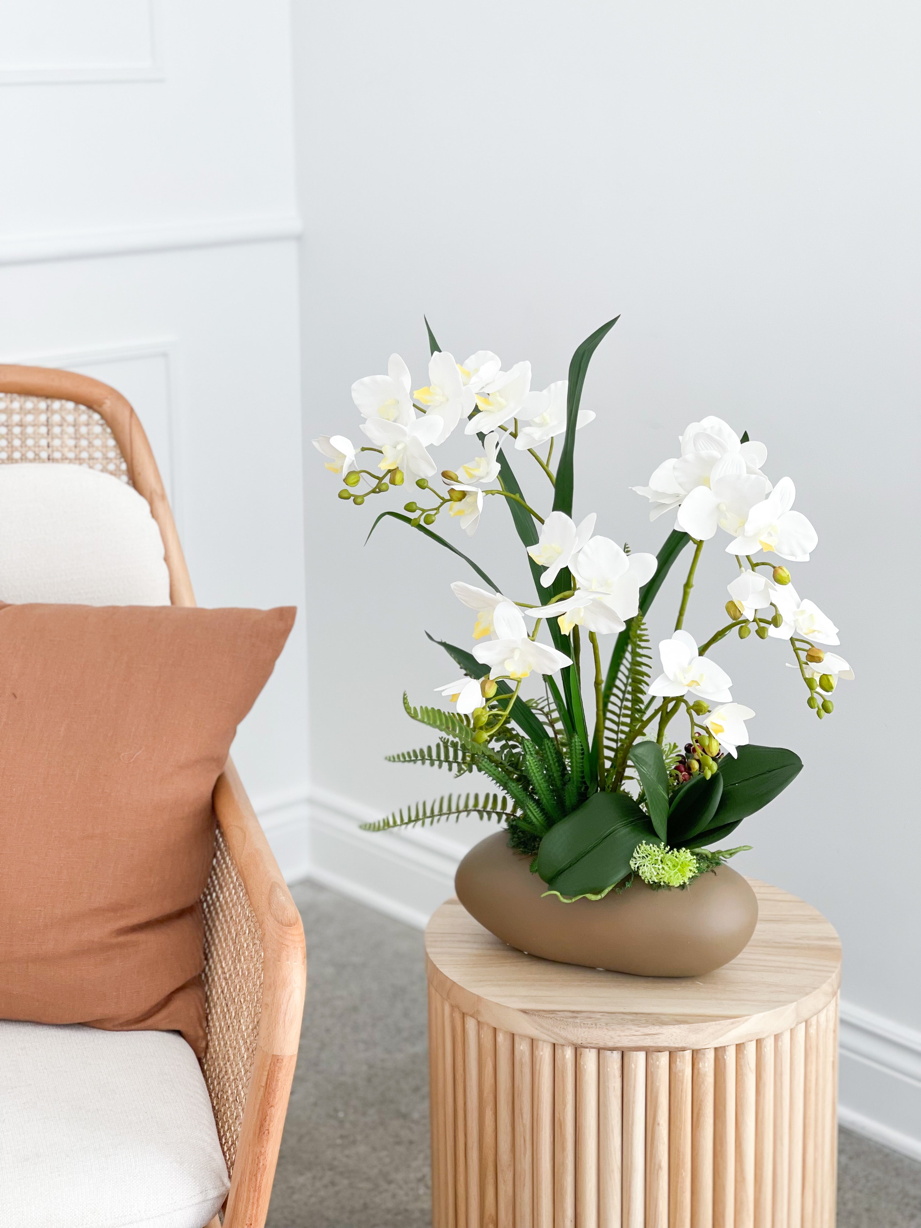 Artificial White Orchid Arrangement in Brown Pot