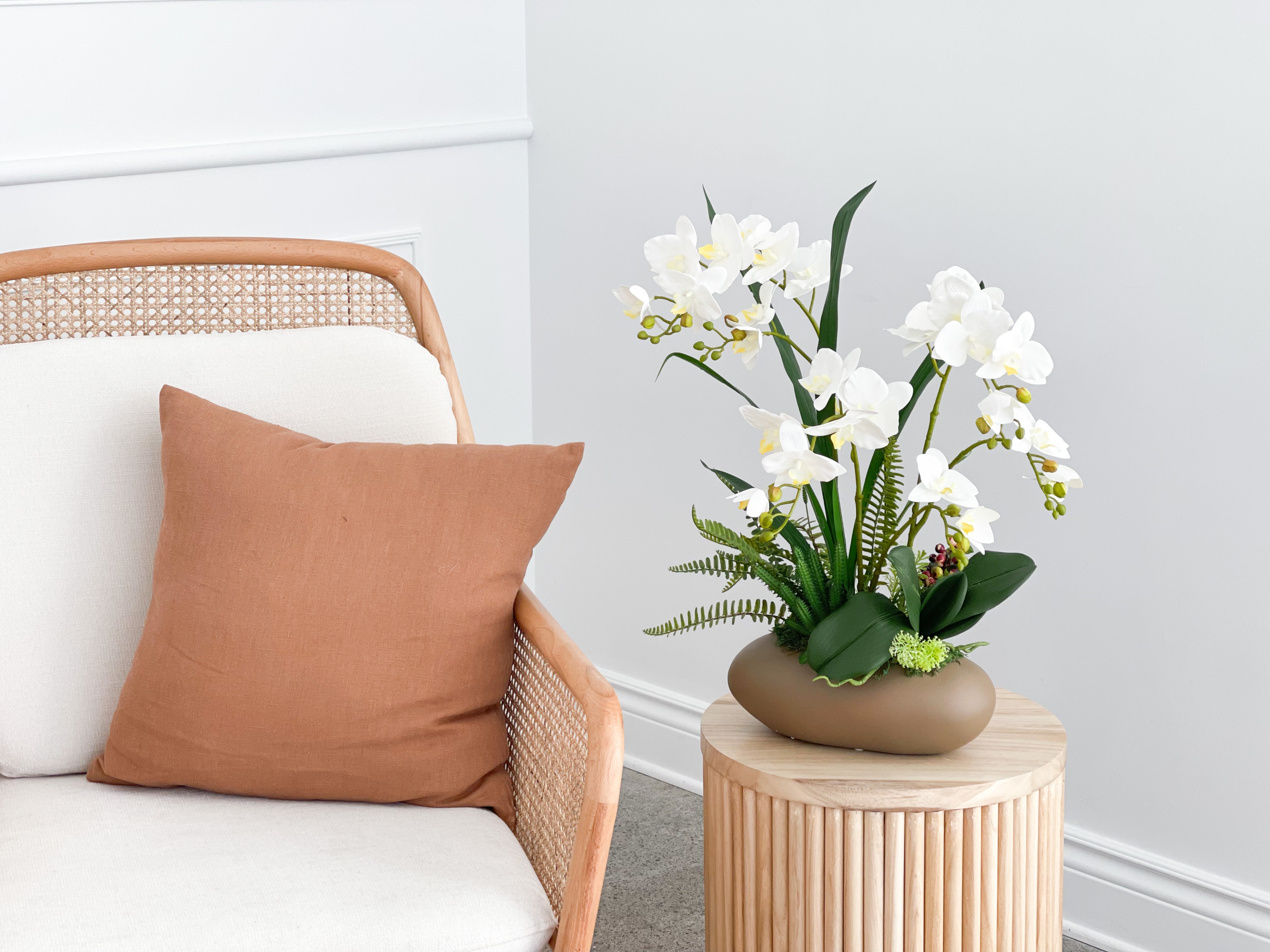 Artificial White Orchid Arrangement in Brown Pot