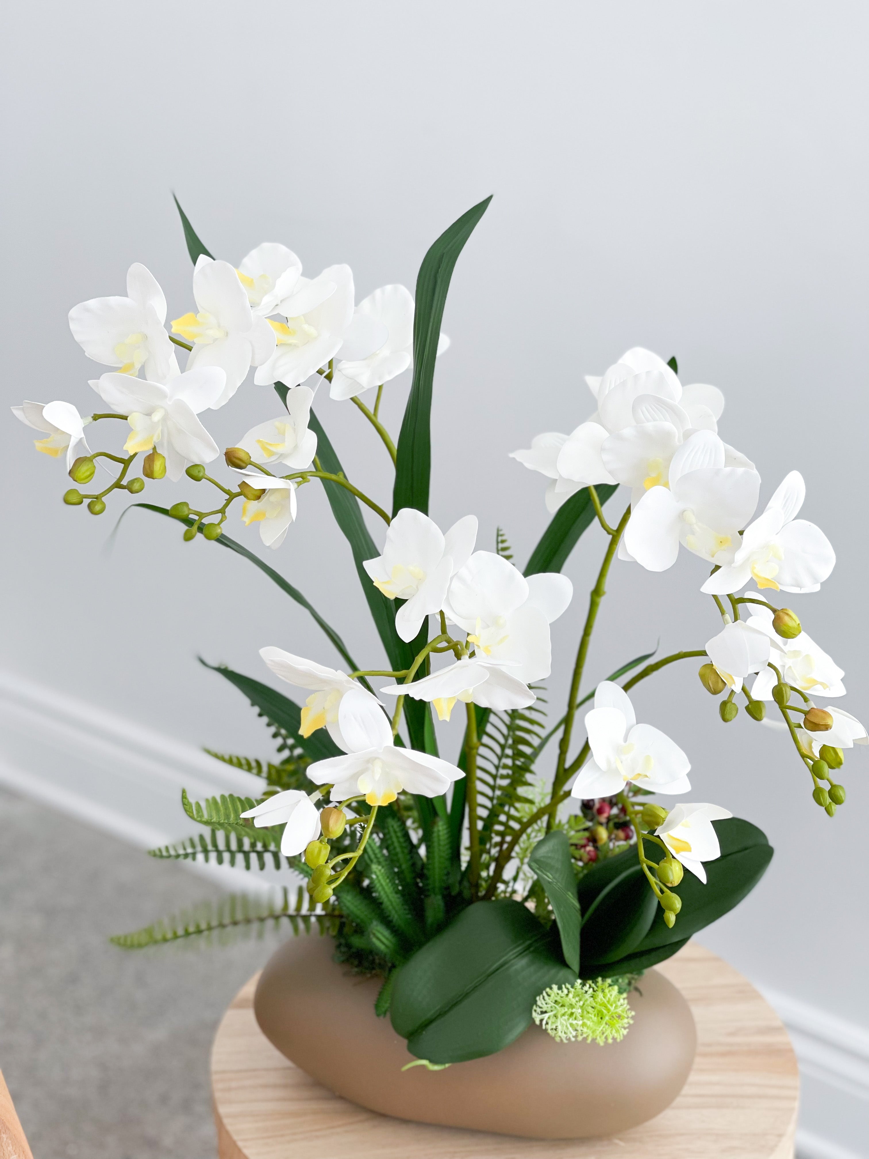 Artificial White Orchid Arrangement in Brown Pot