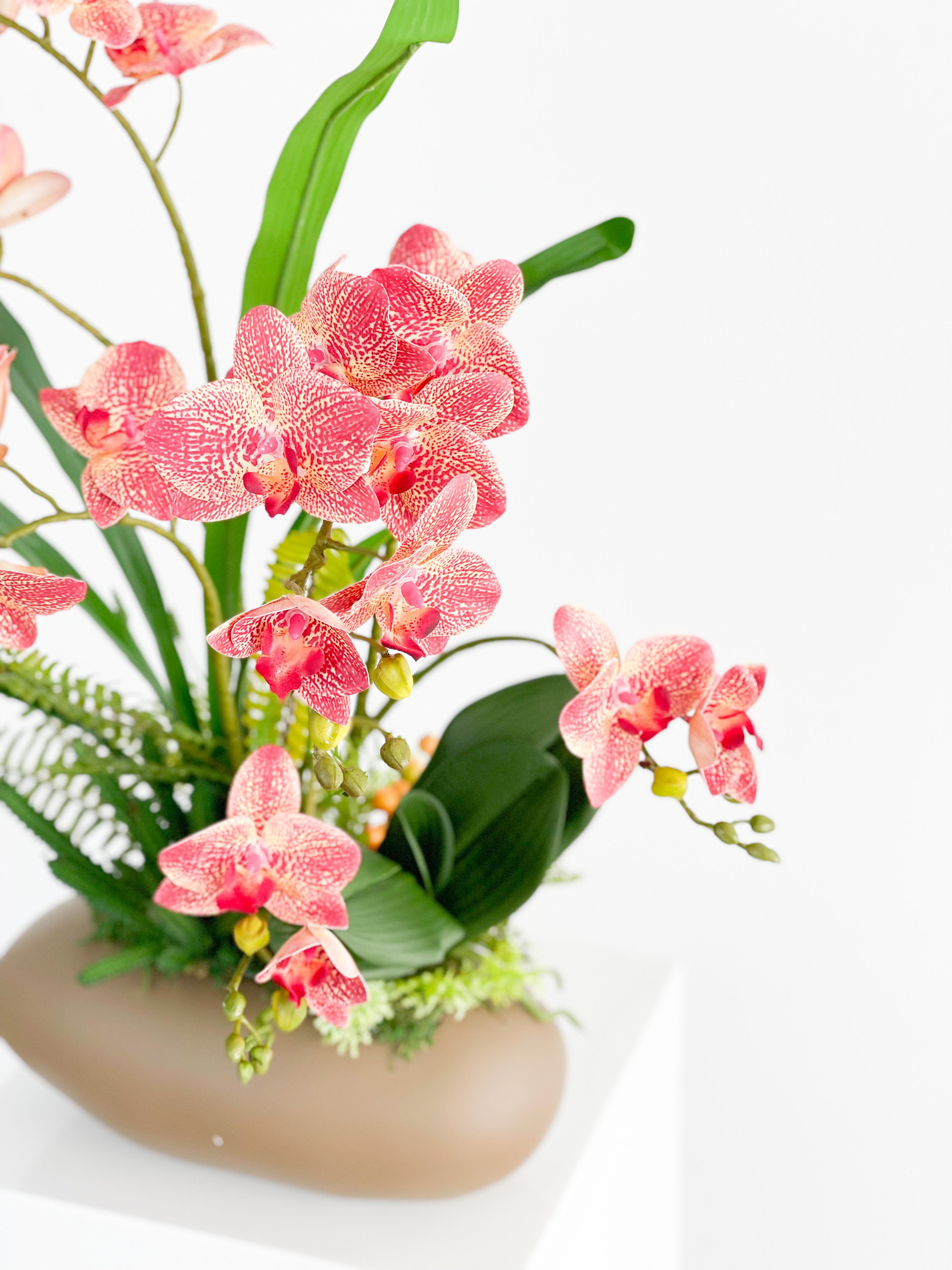 Artificial Pink Orchid Arrangement in Tan Pot