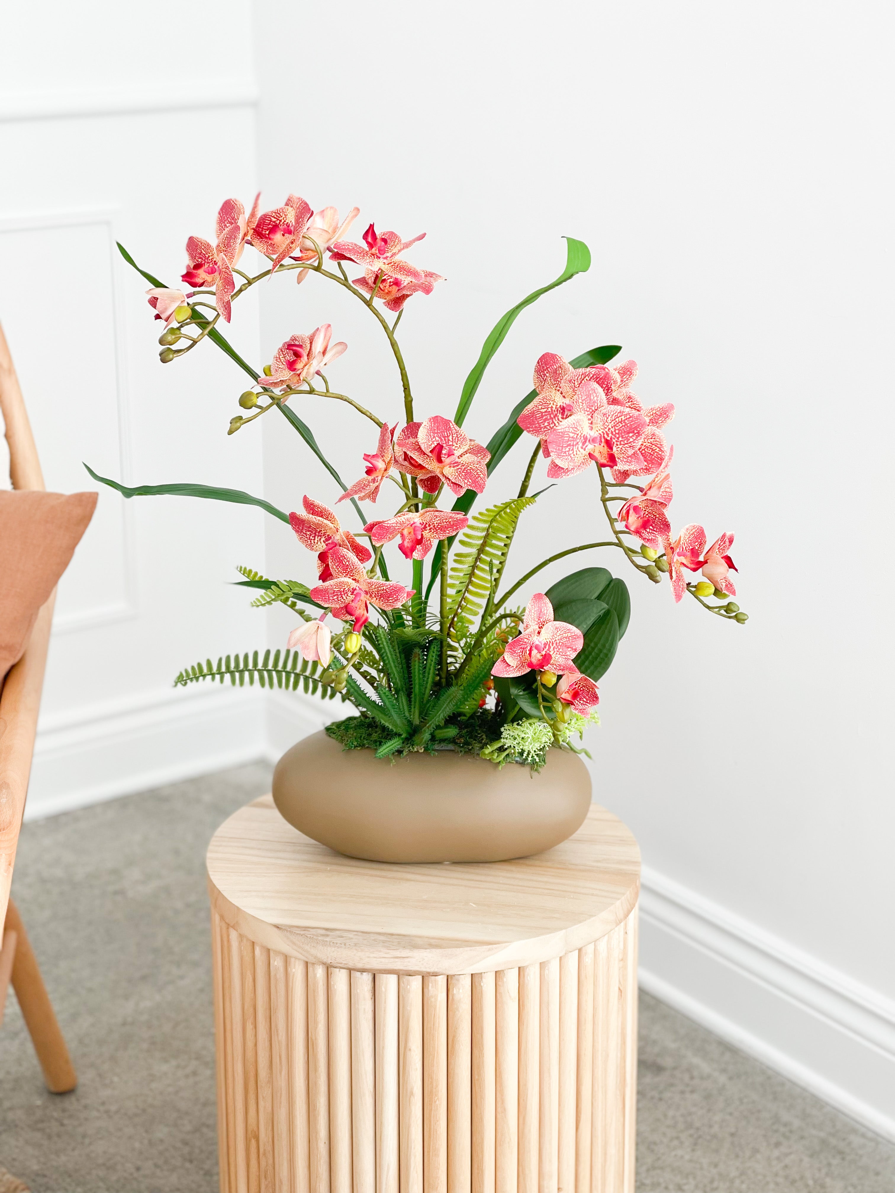 Artificial Pink Orchid Arrangement in Tan Pot